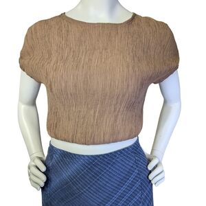 Miou Muse Crepey Brown Cropped Blouse, Size Small, 100% Cotton